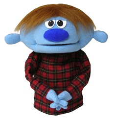 Elmer is a small cartoon puppet with blue skin and brown hair.