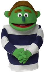 Green boy cartoon puppet with Auburn hair.