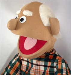 16" honey skinned grandpa puppet with white receding hair.