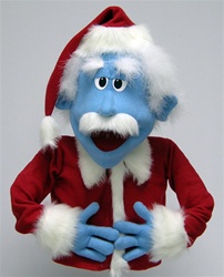 This blue innova puppet comes fully costumed in a santa clause puppet outfit.