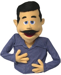 Barry is a peach colored puppet with black receding hair and black mustache.