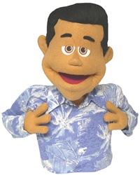 Hugh is a professional puppet with black hair and honey skin.