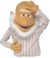 Mr. Crabbe is a professional puppet with honey skin and white beard and bald head.