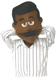 Barry is a cocoa skinned man with black mustache and black receding hair.  This profesional puppet is for sale exclusively at puppetsinc.com